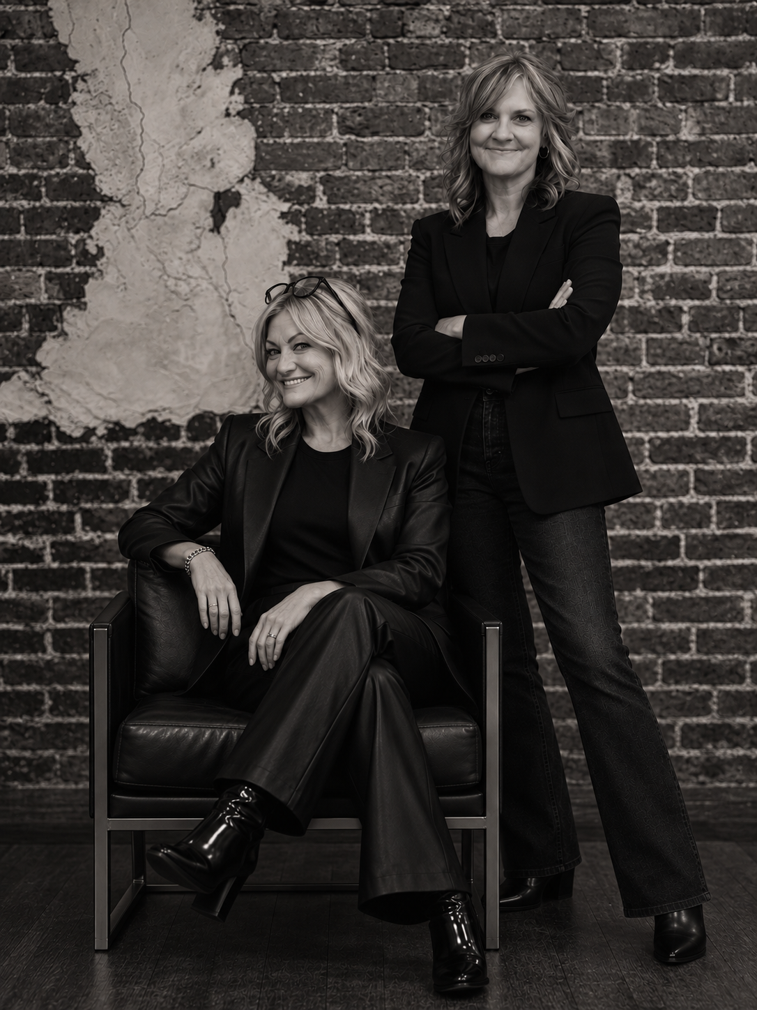 KT Taylor seated and Lee Long standing in front of a brick wall